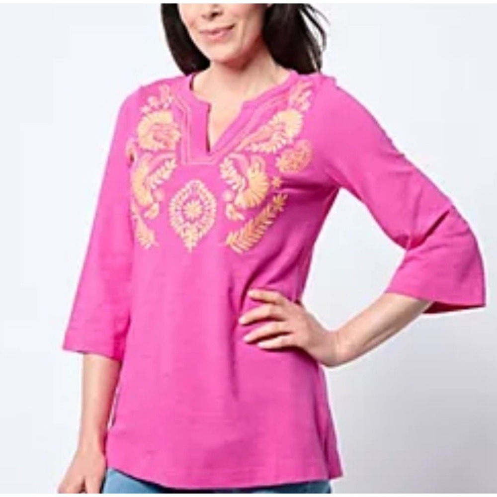 Bellisima Kim Gravel Pink Slub Knit Embroidered Tunic Top 3/4 Sleeve Large
